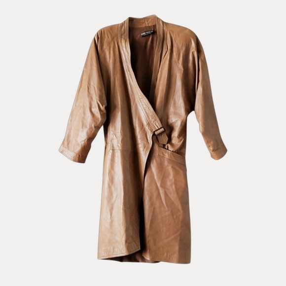 VINTAGE Mario Valentino Lux Leather Trench Coat - Toffee Brown (S/M) - Picture 2 of 7